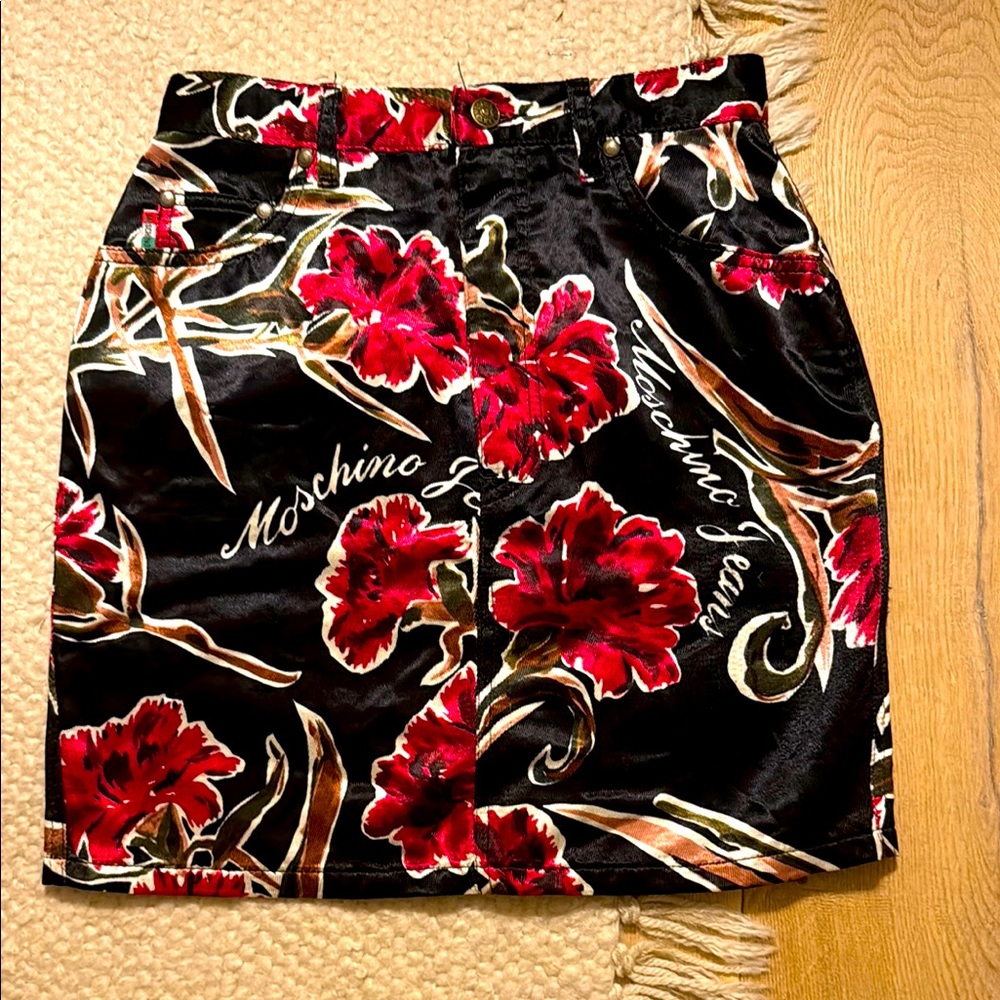 Vintage Moschino Black Mini Skirt with Red Floral Design Size 8